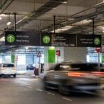 Kaiian Agency parking and traffic wayfinding signage guiding vehicles and pedestrians through a project environment in Riyadh Saudi Arabia.