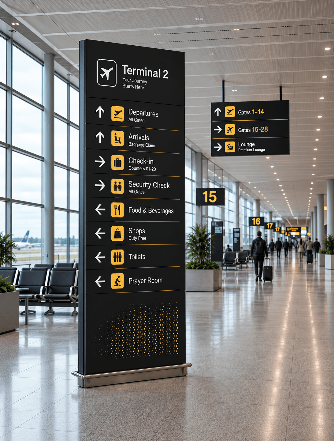 Interior directional wayfinding sign displaying arrows and destination information along a building circulation route.