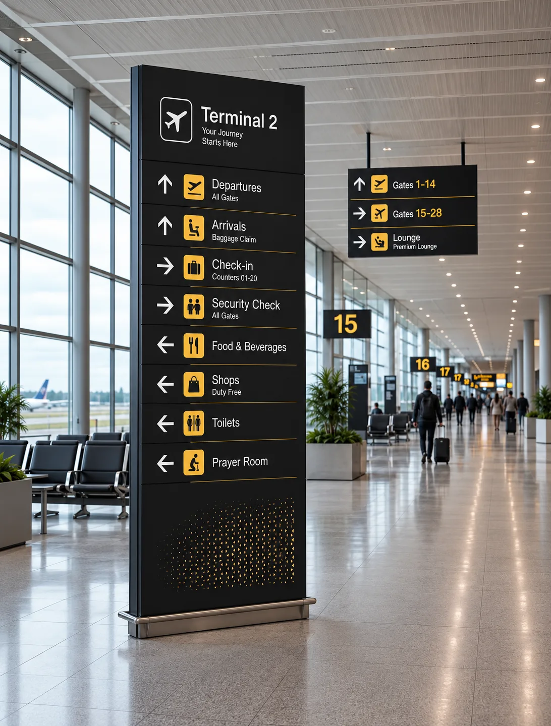 Interior directional wayfinding sign displaying arrows and destination information along a building circulation route.